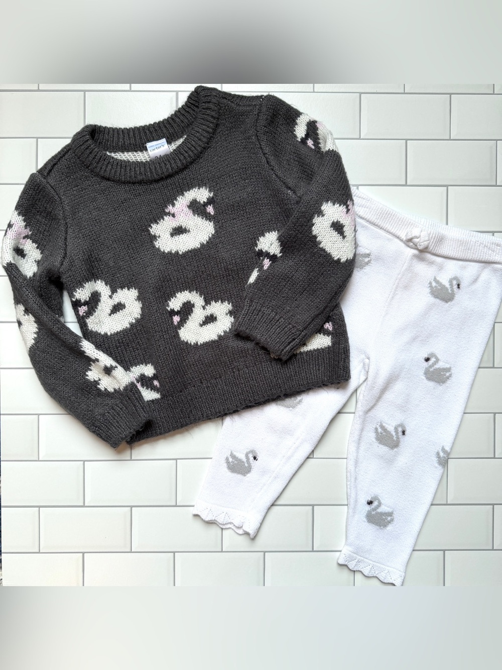 24M🦢 Janie & Jack Swan Knit Pointelle White Leggings & Carter’s Cozy Sweater